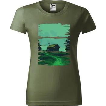 DOBRÝ TRIKO Dámské tričko s potiskem Chata v přírodě Barva: Khaki, Velikost: L