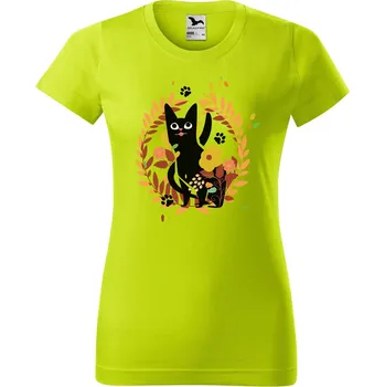 Dámské oblečení DOBRÝ TRIKO Dámské tričko s potiskem Kočka v květinách Barva: Limetková, Velikost: S