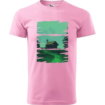 Pánské tričko DOBRÝ TRIKO Pánské tričko s potiskem Chata v přírodě Velikost: M, Barva: Růžová