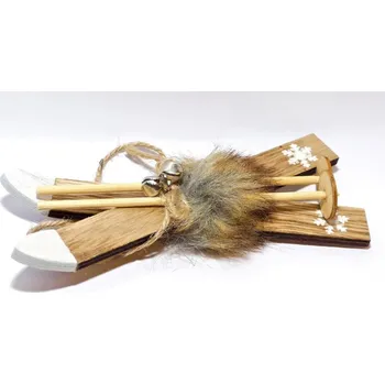 Sjezdové lyže Lyže s hůlkami hnědé s kožíškem na zavěšení