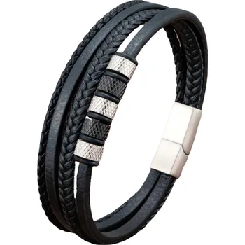 Náramek Joy-sperky Pánský kožený náramek vícevrstvý, kůže chirurgická ocel stříbrný Délka: 22 cm