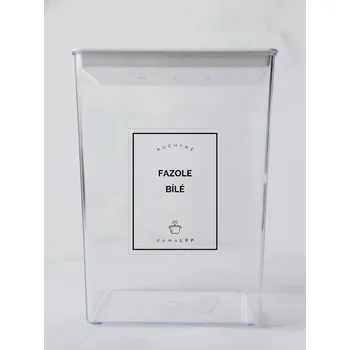 Samolepící etiketa FAZOLE BÍLÉ – průhledná samolepka na dózu, tučné písmo, 6 × 8 cm | DomaLEP