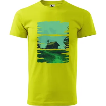 Pánské tričko DOBRÝ TRIKO Pánské tričko s potiskem Chata v přírodě Velikost: L, Barva: Limetková