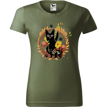 Dámské tričko DOBRÝ TRIKO Dámské tričko s potiskem Kočka v květinách Barva: Khaki, Velikost: XL