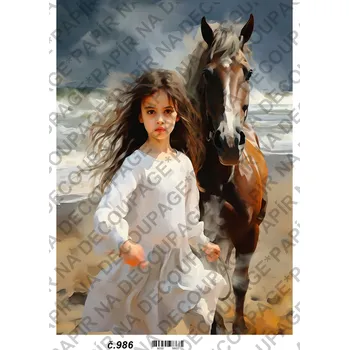 Umělecký papír Rýžový a soft papír na decoupage - Dívka na koni - KB0986 Materiál: Soft, Rozměr: A4