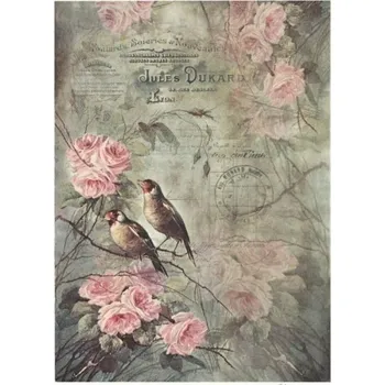 Umělecký papír Itd. Collection Rýžový papír Ptáčci na větvičce s růžemi růžovými A4