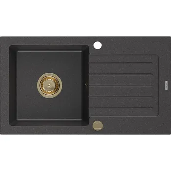 Granitový dřez MEXEN/S - Pablo granitový dřez 1 s odkapávačem 752 x 436 mm, černá kropenatá, + zlatý sifon 6510751010-76-G