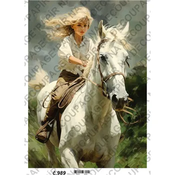 Umělecký papír Rýžový a soft papír na decoupage - Dívka na koni - KB0989 Materiál: Soft, Rozměr: A4
