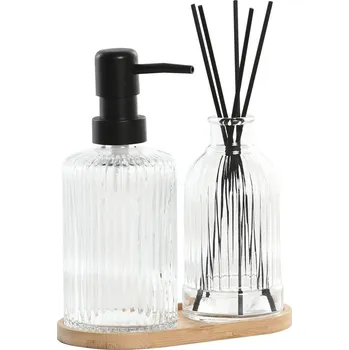 Koupelový kartáč Sada koupelnových doplňků Home ESPRIT Černá Transparentní Bambus Sklo Moderní 3 Kusy