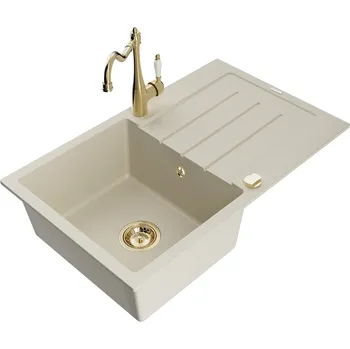 Granitový dřez MEXEN/S - Bruno granitový dřez 1-miska s odkapávačem včetně baterie Carla, béžová 6513-69-670700-50