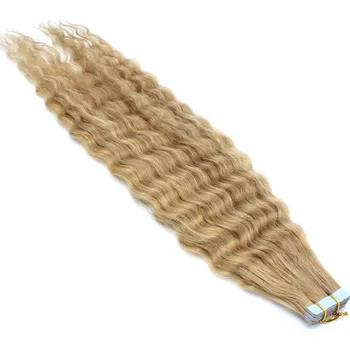 Příčesek Tape in 100% lidské vlasy 60 cm - kudrnaté - platina / světle hnědá (vysušené a roztřepené konce)