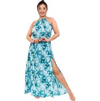 Dámské šaty Himalife Dlouhé šaty s páskem Nala - tyrkysová s bílou Velikost: S/M