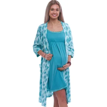 Dámská noční košile Zelený i azurový župan a košilka na tenká, odepínací ramínka na kojení pruhovaný vzor s listím 1G0704 zelená xxl