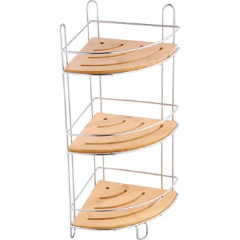 Koupelnový nábytek MSV rohová třípatrová polička JOY, do koupelny, chromovaný plast, bambus