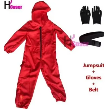 Karnevalový kostým Dětský kostým strážce ze Squid Game (Hra na oliheň) – červená kombinéza s doplňky Varianta: Kombinéza, rukavice, pásek, Velikost: 110