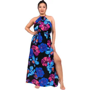 Dámské šaty Himalife Dlouhé šaty s páskem Ibišek - černá s modrou Velikost: L/XL - Móda pro plnoštíhlé, Oblečení nadměrné velikosti