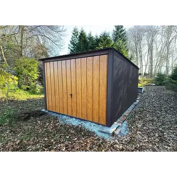 Zahradní stavba Plechová garáž 3 x 5m matný grafit a imitace zlatého dubu