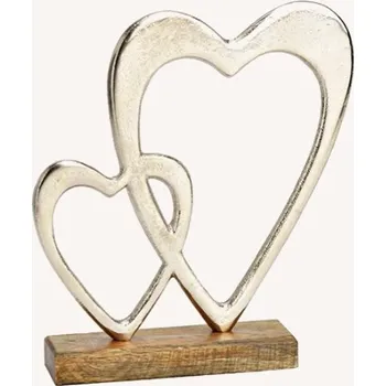 Kovová srdíčka na dřevěném podstavci 22x22x5 cm