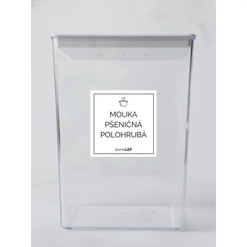 Samolepící etiketa MOUKA PŠENIČNÁ POLOHRUBÁ– průhledná samolepka na dózu, základní písmo, 5 × 5 cm | DomaLEP