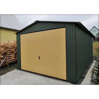 Garážová vrata Plechová garáž 3.5 x 5m, RAL 6020 stěny + výklopná vrata RAL 1002