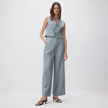 Dámské kalhoty Reserved - Lněné kalhoty se záložkami - ocelově modrá - YH562-95X - YH562-95X-XXL