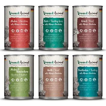 Krmivo pro kočku Venandi Animal – zkušební balení III 1× kuřecí, 1× kachna, 1× hovězí, 1× koňské maso, 1× telecí, 1× krocan 24 × 400 g