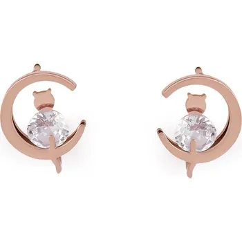Náušnice Náušnice z nerezové oceli kočka s broušeným kamínkem - 2 růžové zlato