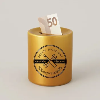 Žertovný předmět Hodinový manžel - opravím všechno - zlatá keramická pokladnička s potiskem