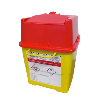 Odpadkový koš NÁDOBA NA MEDICINÁLNÍ ODPAD HRANATÁ 4 L VČETNĚ UZÁVĚRU 180 X 180 X 225 MM (50 KS/KARTON)