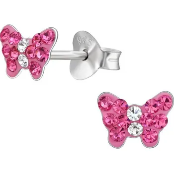 Náušnice Stříbrné náušnice Motýl s 24 křišťály, rhodiované, stříbro 925, puzety 0284