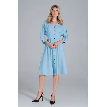 Dámské šaty Midi košilové šaty na knoflíky s mašlí M843 FIGL Barva: Světle Modrá, Velikost: L