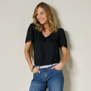 Dámská halenka Jednobarevná halenka s výstřihem do V a krátkými rukávy černá 42