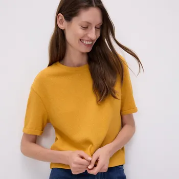 Reserved - Úpletové tričko s bavlnou - žlutá - 351GU-11X - 351GU-11X-M