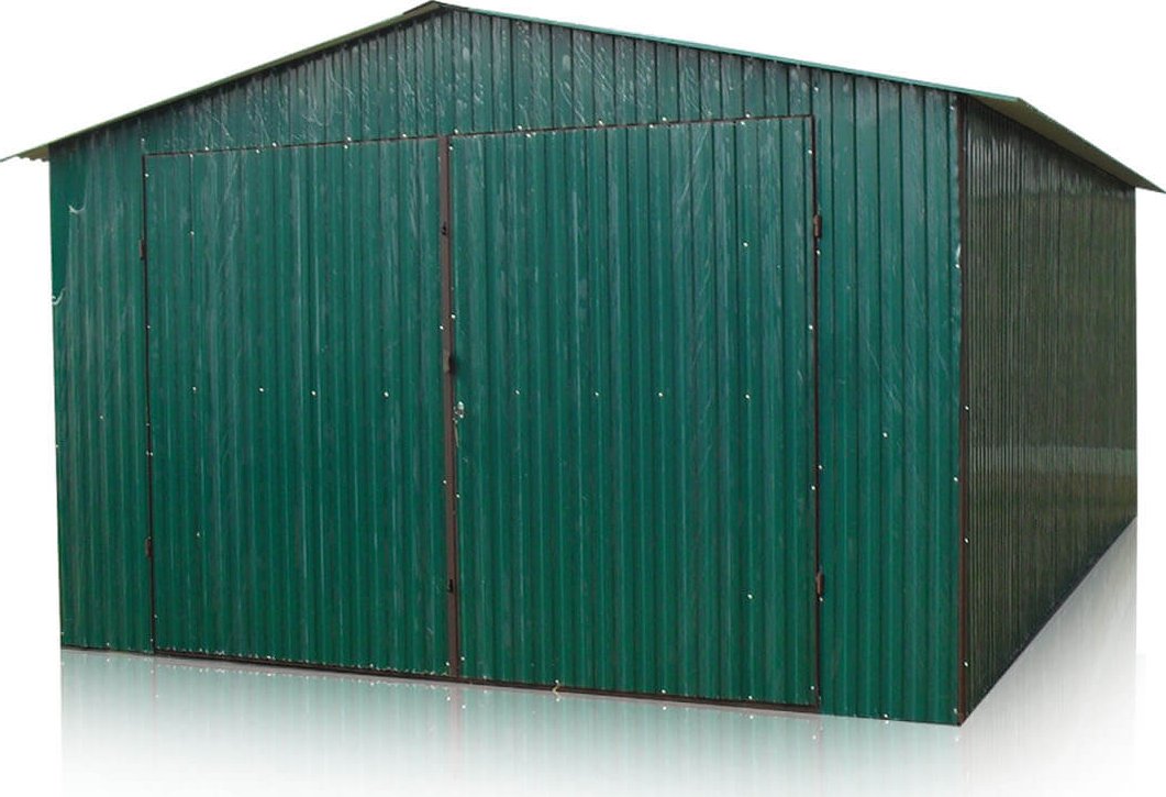 Plechová garáž 4 x 5m, sedlová střecha - tmavě zelená