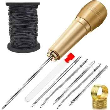 Ruční šicí sada na kůži s mosaznou rukojetí, 5 jehlami, navíječem nitě a prstem Pro opravy obuvi, čalounění a kožených výrobků černá