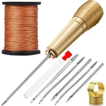 Ruční šicí sada na kůži s mosaznou rukojetí, 5 jehlami, navíječem nitě a prstem Pro opravy obuvi, čalounění a kožených výrobků hnědá