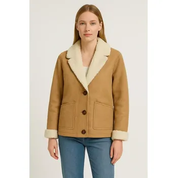 Dámská casual bunda Scotch & Soda Camel Leather Jacket Shearling Jacket s šálovým límcem