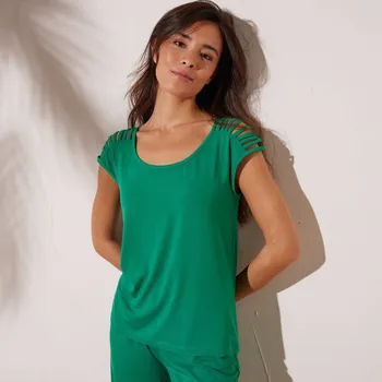 Dámské tričko Jednobarevné tričko s ozdobnými šňůrkami na ramenou zelená 52