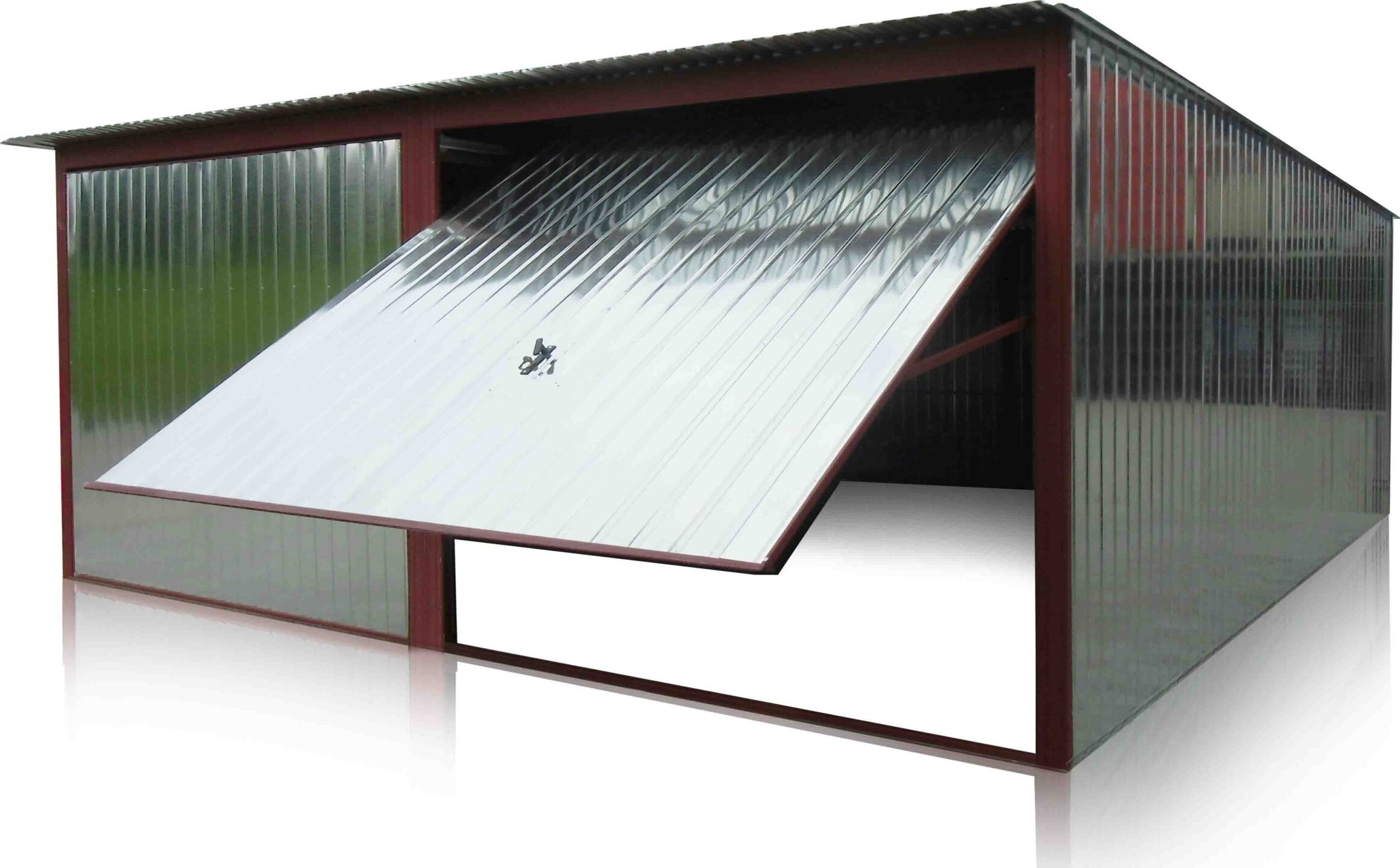 Plechová dvougaráž 6 x 5 m - zadní spád - výklopná vrata - bezbarvá