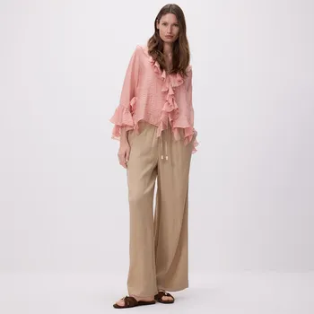 Dámské kalhoty Reserved - Strukturované kalhoty s vázáním - béžová - YH566-80X - YH566-80X-XXL