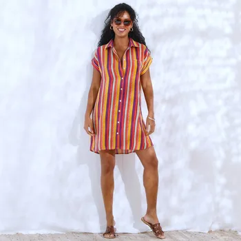 Dámské šaty Krátké košilové šaty, pestrobarevný pruhovaný krepon vícebarená 48