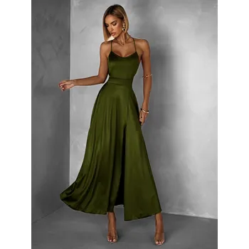 Dámské šaty Khaki saténové midi šaty SIMUEL se šněrováním Velikost: ONESIZE