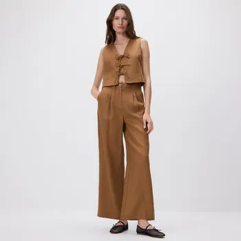 Reserved - Lněné kalhoty se záložkami - zlatavá hnědá - YH562-82X - YH562-82X-L