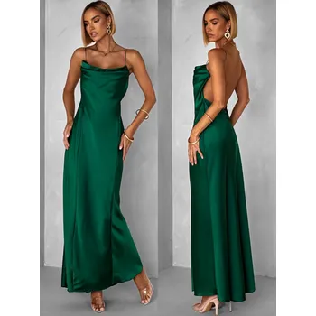 Dámské šaty Smaragdové dlouhé saténové šaty UNUTA s odhalenými zády Velikost: ONESIZE