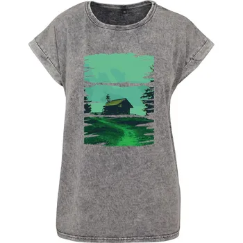 Dámské tričko acid wash Chata v přírodě Velikost: 4XL, Barva trička: Světle šedá