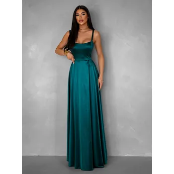 Dámské šaty Smaragdové dlouhé saténové šaty HELSIN na ramínka Velikost: ONESIZE