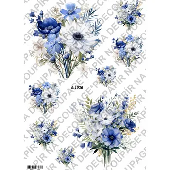 Umělecký papír Rýžový a soft papír na decoupage - Květiny modré - KB01036 Materiál: Soft, Rozměr: A4