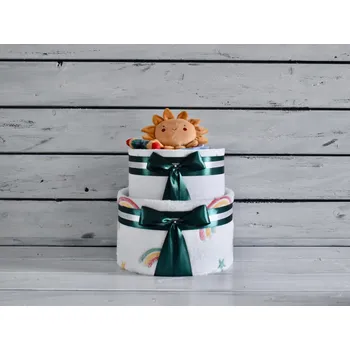 plenkový dort dortNEdort Dvoupatrový plenkový dort III. duhový Tmavě zelená stuha a náplň pro holčičku 587_MIM34