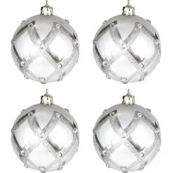 Vánoční dekorace Vánoční ozdoby koule stříbrné s kamínky 4ks 70mm plastové