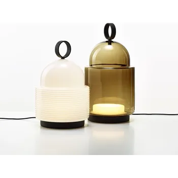 Brokis Stolní lampička z ručně foukaného skla a kovu Dome Table Lines Výška: 490 mm, Barva skla: Šedá kouřová, Povrch montury: Champagne PC01349_015